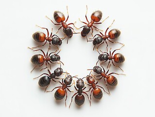 a whole view of multiple ants on isolated white background, view from above, editorial photography