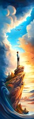 Canvas Print - Man standing on cliff looking at sunset.