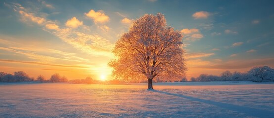 Poster - Solitary Tree in a Snowy Field at Sunset