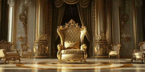 Wall Mural - Ornate throne chair in grand, golden palace.