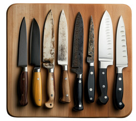 A Collection of Sharp Blades:  A variety of knives laid out on a wooden cutting board, showcasing different styles, materials, and conditions for a culinary or kitchen-themed backdrop.