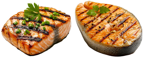 Grilled Salmon Perfection: Two succulent grilled salmon fillets, glistening with grill marks and garnished with fresh herbs, isolated on transparent background. 