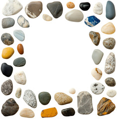 Pebble Frame: A natural and rustic frame composed of smooth, colorful pebbles, perfect for adding a touch of earthy elegance to your designs, isolated on transparent background.  