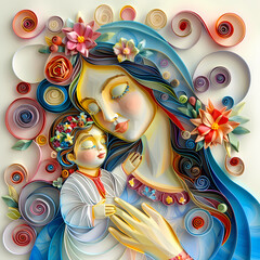 The Virgin Mary with the baby Jesus is a very colorful paper quilling