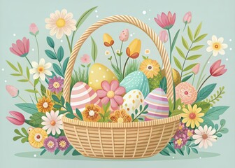 Wall Mural - Spring flowering Easter basket vector with floral pattern and soft colors for garden party themes and outdoor decoration inspiration