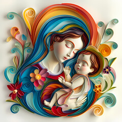 The Virgin Mary with the baby Jesus is a very colorful paper quilling