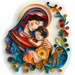 The Virgin Mary with the baby Jesus is a very colorful paper quilling