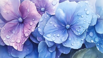 Wall Mural - Close-up Watercolor Painting of Purple and Blue Flowers with Dew Drops