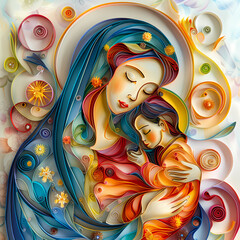 Wall Mural - The Virgin Mary with the baby Jesus is a very colorful paper quilling