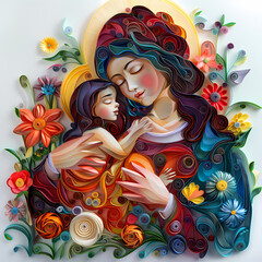 Wall Mural - The Virgin Mary with the baby Jesus is a very colorful paper quilling