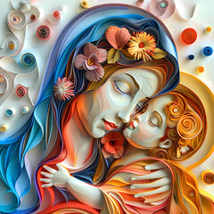 Wall Mural - The Virgin Mary with the baby Jesus is a very colorful paper quilling