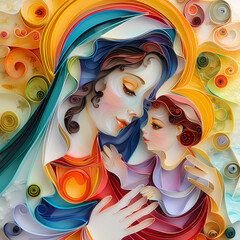 Wall Mural - The Virgin Mary with the baby Jesus is a very colorful paper quilling