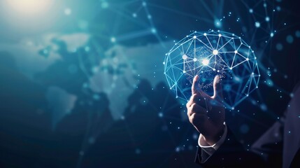 Businessperson touching glowing network of connected dots and lines.