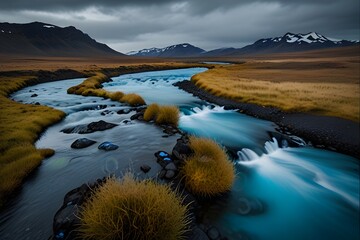 Wall Mural - Blue River In Highlands Of Iceland Generative AI