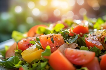 Fresh salad with tomatoes and herbs enjoying sunlight in a garden