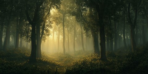 Canvas Print - Sunlight filters through dense, misty forest.