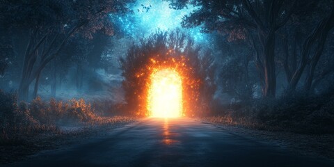 Canvas Print - A glowing portal in a dark forest.