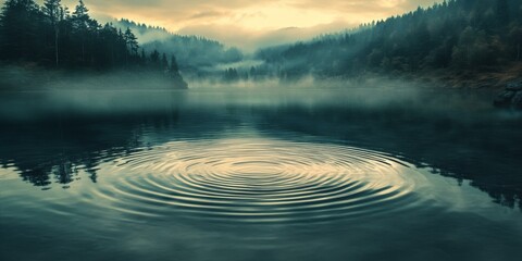 Wall Mural - a misty lake with a single ripple in the water.