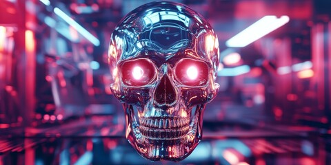 Sticker - A glowing metallic skull with red eyes.