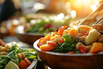 Wall Mural - Wooden bowls overflowing with fresh salad at a sunset buffet