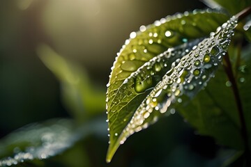 Wall Mural - A close-up of dew-covered leaves in the early morning light, highlighting the freshness and beauty of nature. Minimal and Simple, Generative AI