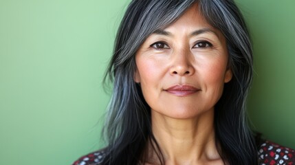 Confident mature asian woman with serene expression on green background