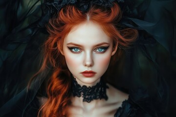 Enigmatic redhead beauty with striking blue eyes in gothic attire