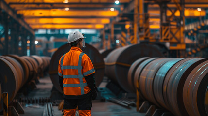 A man in a white helmet and orange jacket stands in a large industrial area