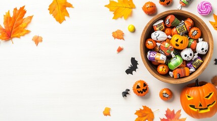 A festive bowl filled with Halloween candies and decor, surrounded by colorful autumn leaves, perfect for seasonal celebrations.