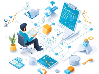 Wall Mural - businessman analyzing data and workflow on white background.
