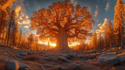 Wall Mural - Majestic autumn tree at sunset in a serene forest landscape.