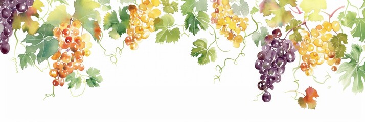 Background template with copy space  of grape leaf and  vine. Watercolor.