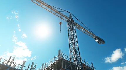 a large tower crane on a construction site against a bright blue sky, with scaffolding and partially built structures below