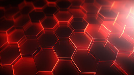 Canvas Print - Red hexagon background. Close-up a surface made up of hexagonal shapes, honeycomb pattern. Illuminated outlines. Depth and three-dimensional. Geometric, futuristic and modern design.