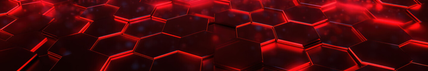 Wall Mural - Red hexagon background. Close-up a surface made up of hexagonal shapes, honeycomb pattern. Illuminated outlines. Depth and three-dimensional. Geometric, futuristic and modern design.