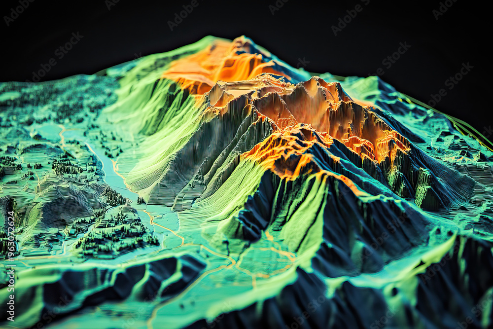 Technical aerial visual, 3D LiDAR GIS aerial map satellite scan model ...