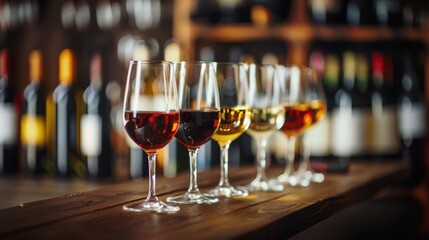 A row of grape wine glass on table