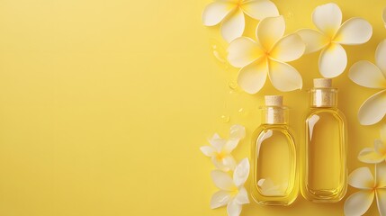 Tropical Essential Oils with Frangipani Flowers on Yellow Background