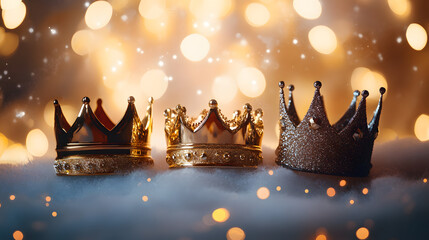 Three gold shiny crowns on festive background. Three Kings day or Epiphany day holiday celebration night background