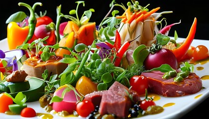 The colorful gourmet feast includes a variety of fresh vegetables and meats, paired with unique sauces, showing an alluring atmosphere and visual enjoyment.