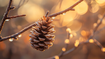 A close-up of a pine cone glistening with dew drops, surrounded by autumn leaves and bathed in warm, golden sunlight.
