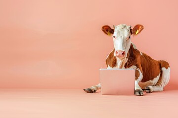 Wall Mural - Cow using laptop. Ai generative art