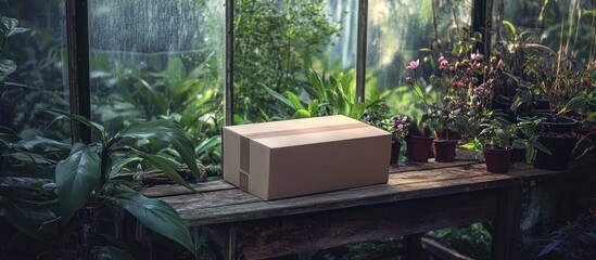 A cardboard box placed on a wooden bench in a greenhouse.