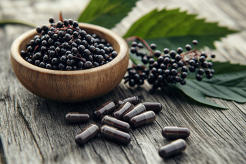 Elderberry supplements are lying on a rustic wooden table with fresh and dried berries