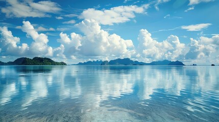 Tranquil tropical sea with distant islands and fluffy clouds