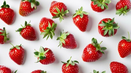 Delicious fresh red strawberries on white background, top view