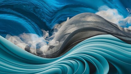 Poster - Abstract blue background, wave, veil, mesh or smoke texture - computer generated picture