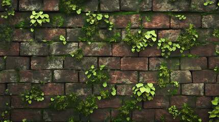 Ancient of brick wall with green plants and sprouted grass, Old mossy stonework, Ancient building