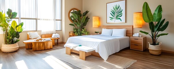 Poster - Minimalist Bedroom Interior Design with Tropical Plants.