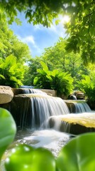 Poster - Tranquil Waterfall In Lush Green Garden.